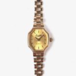 Everite 9 ct yellow gold lady's watch. Quartz movement. The 16 mm octagonal case with gold dial,