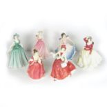 A group of six Royal Doulton porcelain figurines, late 20th century.