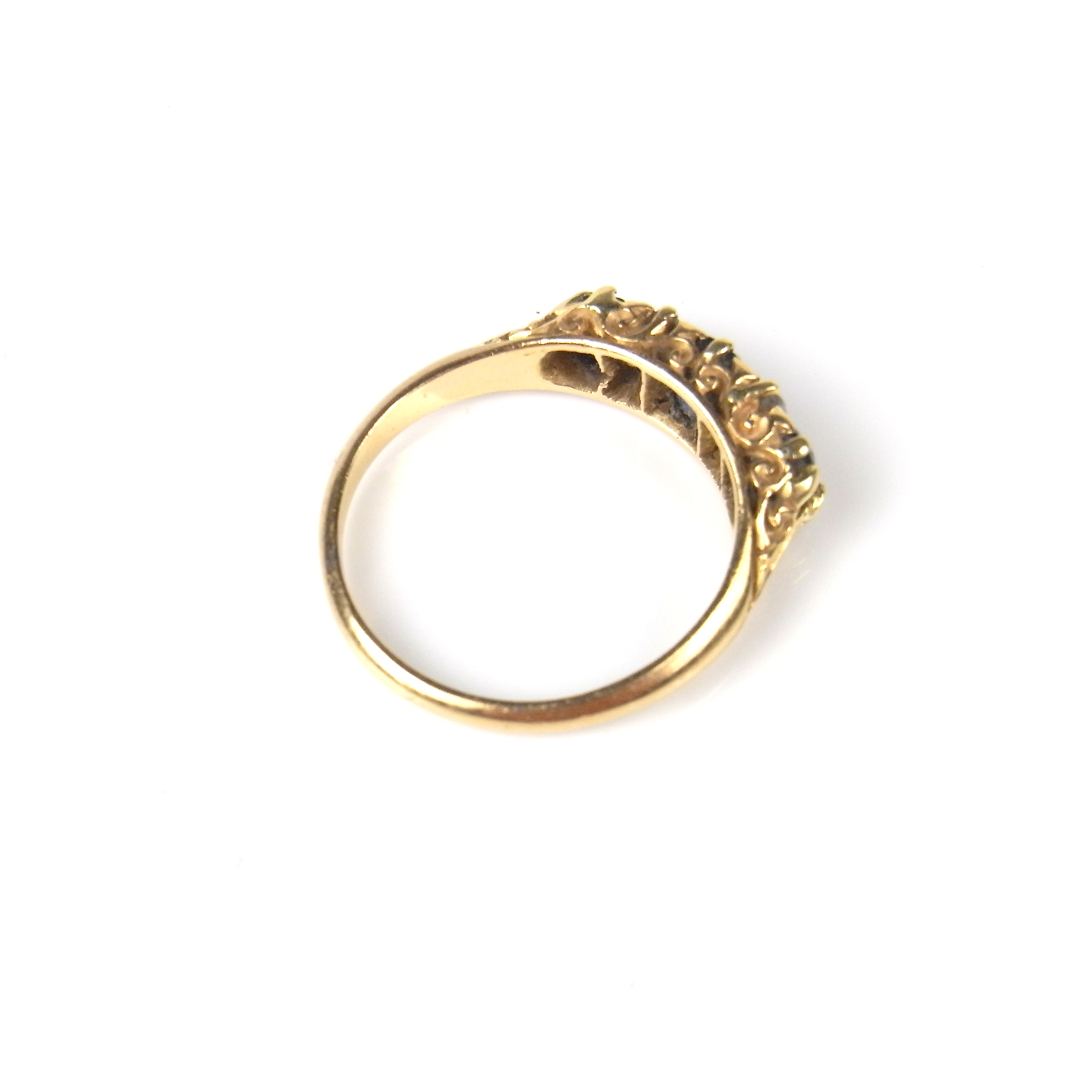 18 ct yellow gold sapphire and diamond three stone ring. - Image 2 of 2