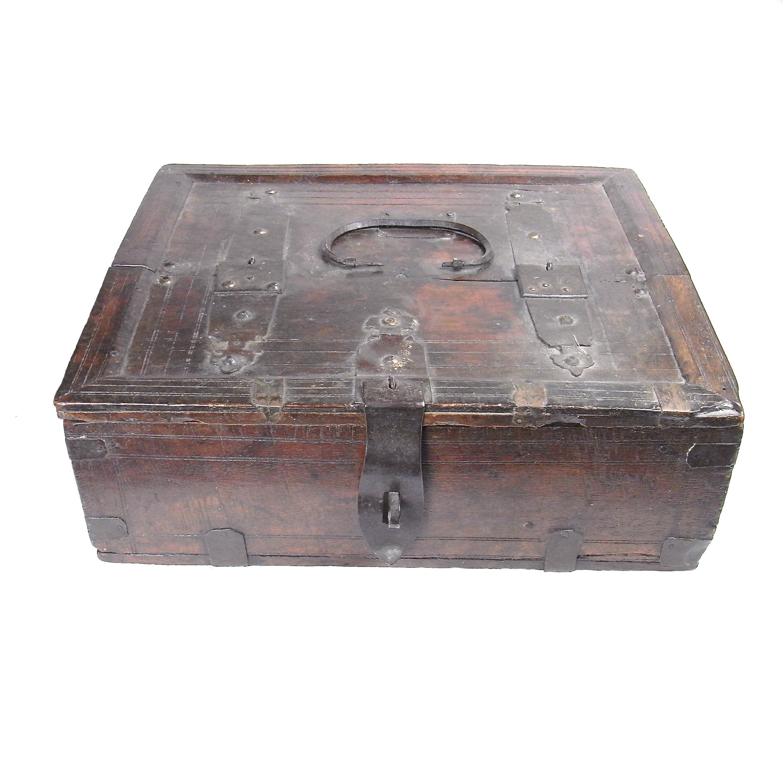 A reinforced oak and steel travelling merchants box, 18th/early 19th century