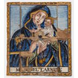 Manifattura Italiana, Placca in maiolica raffigurante “Madonna del Carmine”, XVIII sec.