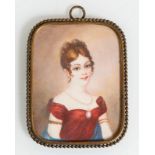 Miniatura su avorio raffigurante “Figura femminile in abito rosso con gioielli”, XIX sec.
