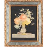 Stampa raffigurante vaso di fiori entro cornice in legno intagliato e dorato con specchi, XX sec.