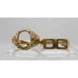 A 9ct initial ring 'DG' size Q1/2 and a decorative yellow metal ring shank without stone size K1/