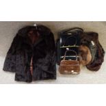 Three ladies handbags, fur coat, stole etc Condition Report: Available upon request