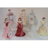 Seven Coalport figures including Eugenie, Lily, Cafe Royal, Valerie, Sarah, Donna and Karen