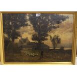 A G HANNAH Sheep drover before farm buildings, signed, oil on board, 40 x 56cm Condition Report: