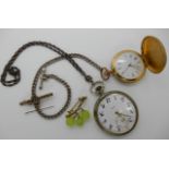 A base metal Doxa pocket watch and chain, a gold plated modern example, a costume jewellery bunch of