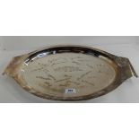 A silver plated presentation serving tray inscribed and bearing signatures, 53cm across the integral