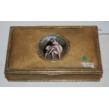 A gilt-metal box, the lid decorated with a circular enamel panel of an erotic scene, 14cm wide