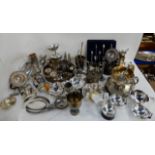 A lot comprising two tray lots of EP - sauceboat, quaich, small jugs, egg cups, dishes etc Condition