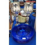 A pair of silvered glass candle holders and eight Villeroy and Boch blue glass plates Condition