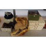 A fox fur stole and a brown fur jacket, fur hat, stole, collar, ladies hat and a set of material