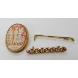 A 9ct gold mounted three graces cameo brooch, 9ct chain link brooch, combined weight 11.1gms and a