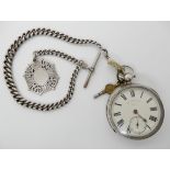 A silver The Farringdon pocket watch hallmarked London 1887, with tapered silver fob chain and
