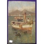 A CESUER Fisher boys on the Bay of Naples, signed, oil on canvas, 34 x 22cm and RENEDO Still life,