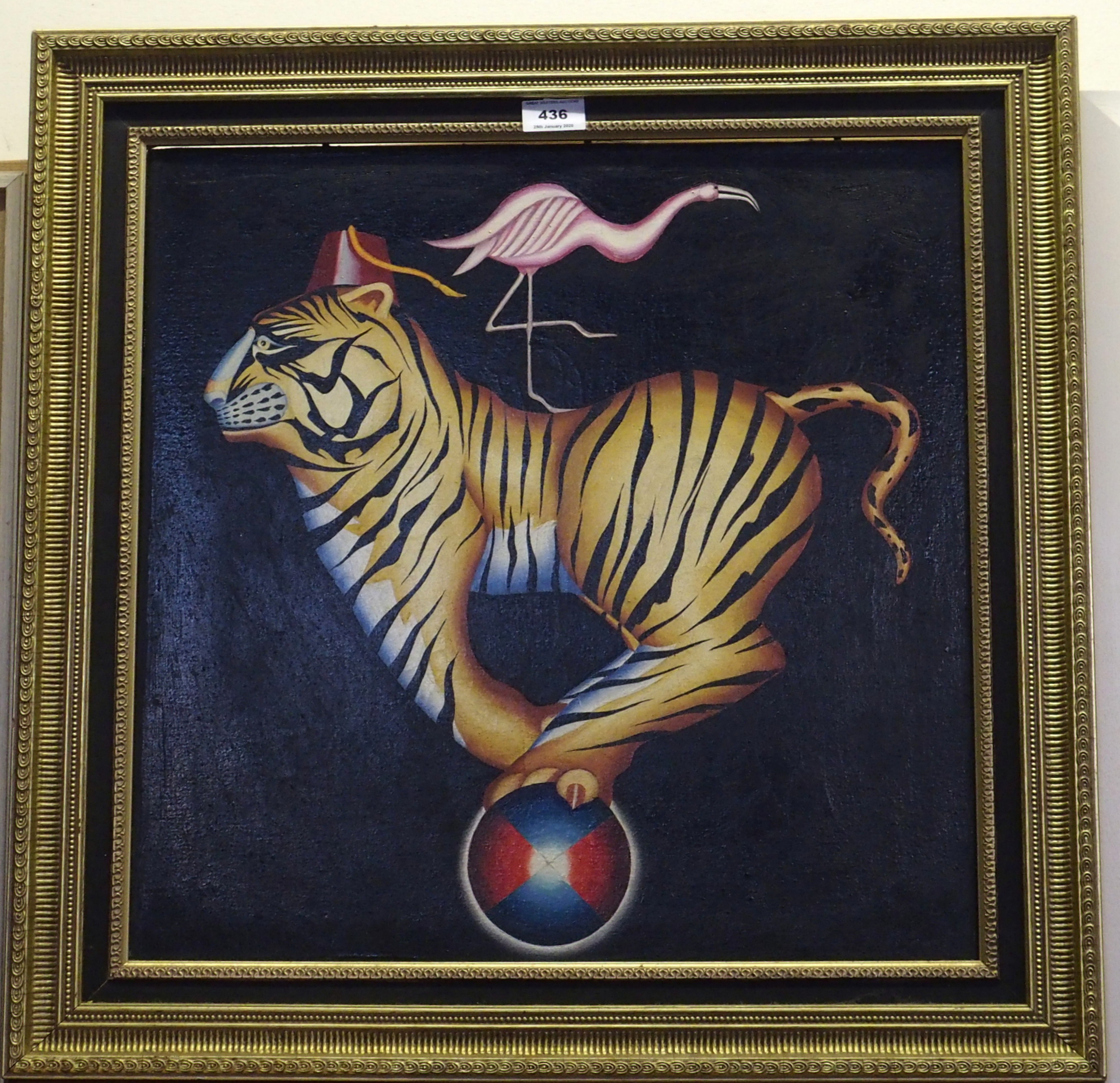 CAMPBELL SMITH Tiger and flamingo, oil on canvas, 50 x 50cm Condition Report: Available upon request