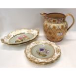 A hand painted part dessert service together with two serving dishes (some def) and a handpainted