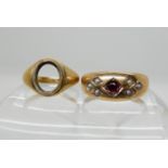 A 9ct pink gem and pearl ring size R1/2 and a 9ct gold signet ring without stone size G1/2, weight