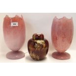 Two pink Vasart glass tulip lamps and a Carlton Ware Spiders Web ginger jar Condition Report: