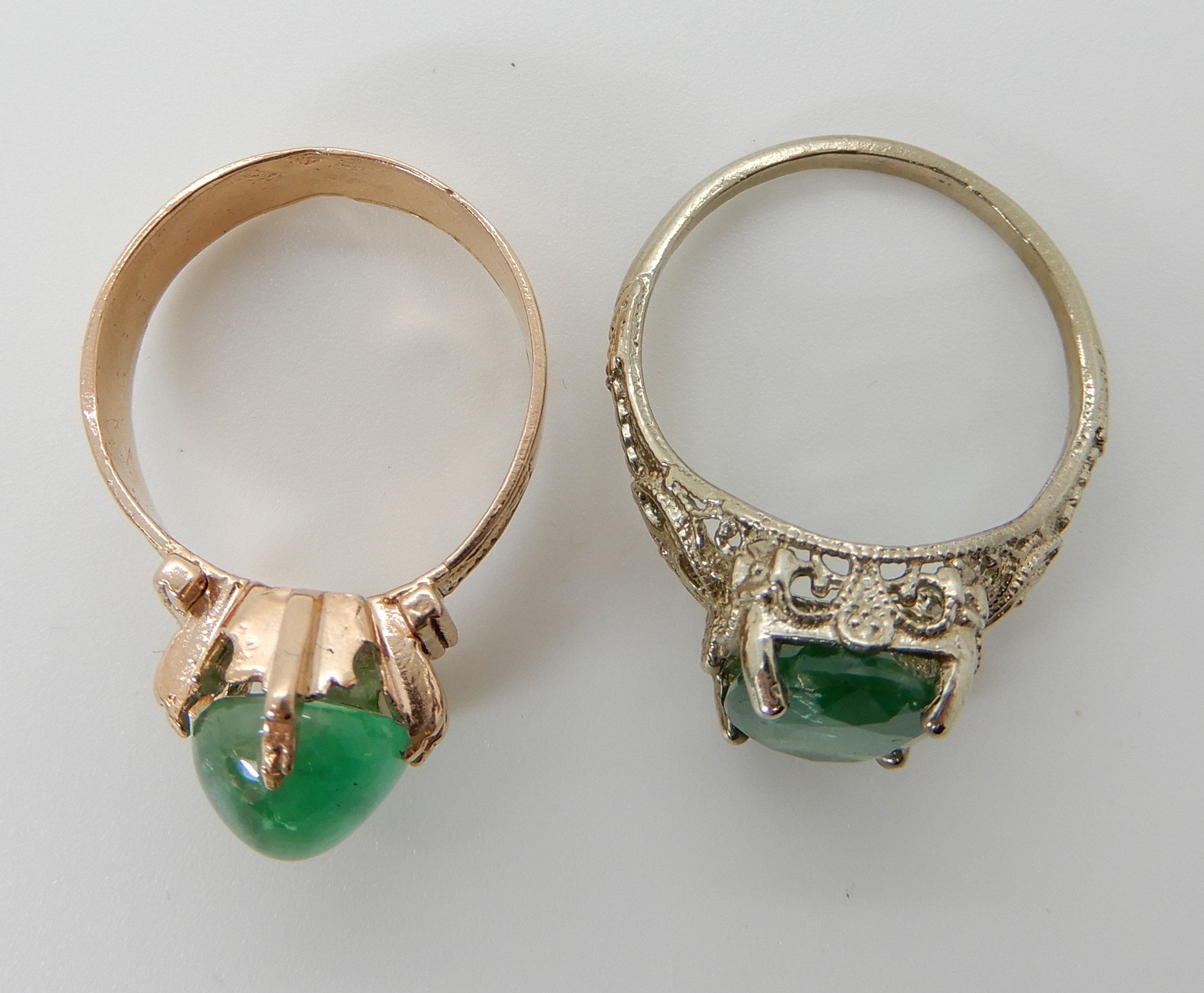 Two yellow metal rings set with green gemstones, pierced example N1/2, other size M, weight 6.4gms - Image 3 of 3