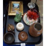 A Yardley glass pot with Bakelite lid, a honeycomb cut wooden vase and pot, a pietra dura panel