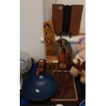 A collection of wooden items including a bowl, a bird puzzle, cube bookend etc Condition Report:
