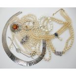 A collection of silver and costume jewellery to include a Deco clip Condition Report: Not