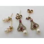 A pair of 9ct diamond, ruby and pearl earrings, together with a further pair of pearl and cz