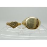 A 9ct gold gents signet ring size S, together with a ladies example size L, combined weight 6gms