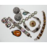 A silver and onyx necklace, Mexican silver gem set earrings and other items Condition Report: Not