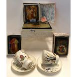 Four Russian lacquer boxes and a pair of Russian porcelain cups and saucers Condition Report: