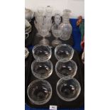 A set of six finger bowls etched with thistles, eight Stuart wine glasses, six matching sherry