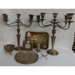 A tray lot of EP - pair of candelabra, clock etc Condition Report: Available upon request