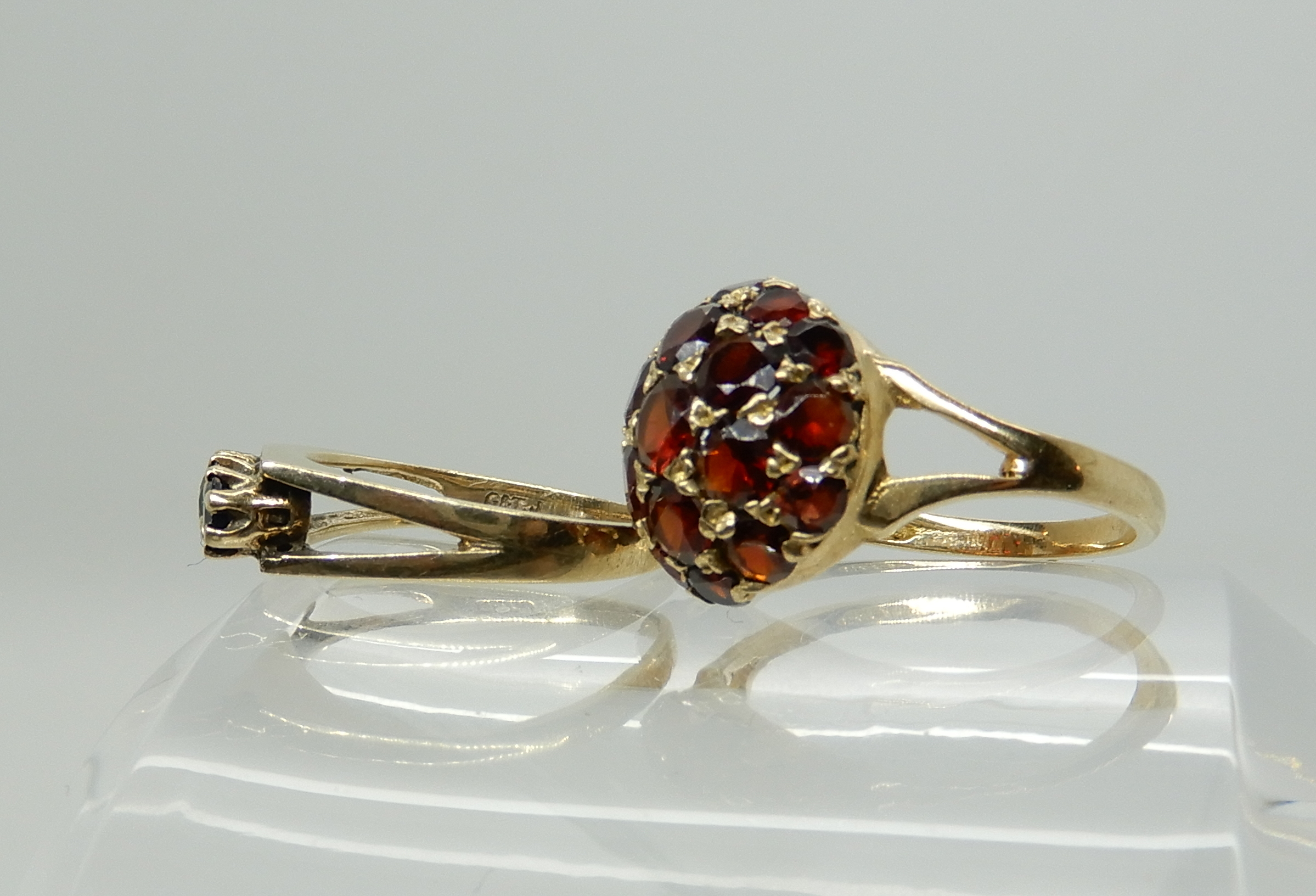 A 9ct gold garnet set dome ring, size O1/2, together with a retro sapphire set ring size L1/2, - Image 3 of 3