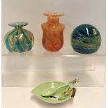 A Mdina glass paperweight and vase, another glass vase and a Carlton Ware jam dish and spoon