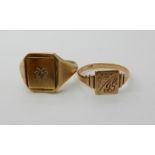 A 9ct gold diamond set gents signet ring V1/2 and a ladies example size Q1/2, combined weight 8.6gms