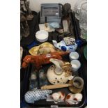 Assorted ceramics including a Doulton dog (def), pair of wally dugs, Spelter elephant, pen stands