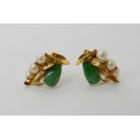 A pair of bright yellow metal pearl and Chinese green hardstone screw post earrings, length 1.8cm