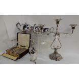 A tray lot of EP and silver - candelabrum, candlestick, tea service, cased silver brushes etc