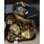 Assorted brassware including a kettle, a Buddha, an Art Deco handle and other items Condition