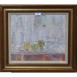 ELLEN MALCOLM R.S.A. Tabletop still life, signed, oil on board, 34 x 40cm Condition Report: