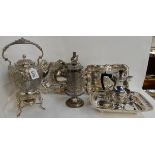 A tray lot of EP - kettle on stand, hot water pot, three swing handled baskets, tankard etc