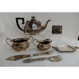 A tray lot of EP - three-piece tea service, fish servers, oriental metal box etc Condition Report: