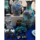 A large Japanese cloisonne vase, a turquoise glaze fo dog, a pair of Japanese enamel vases, a pair