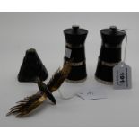 A lot comprising a near pair of silver banded ebonised loop pepper mills, Birmingham 1937 and 1939