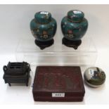 A pair of cloisonne jars and covers, a pot and cover, a cinnabar box and cover and a bronze koro