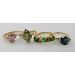A 9ct peridot and clear gem set ring size P1/2, 9ct pink and clear gem set ring size P1/2 and