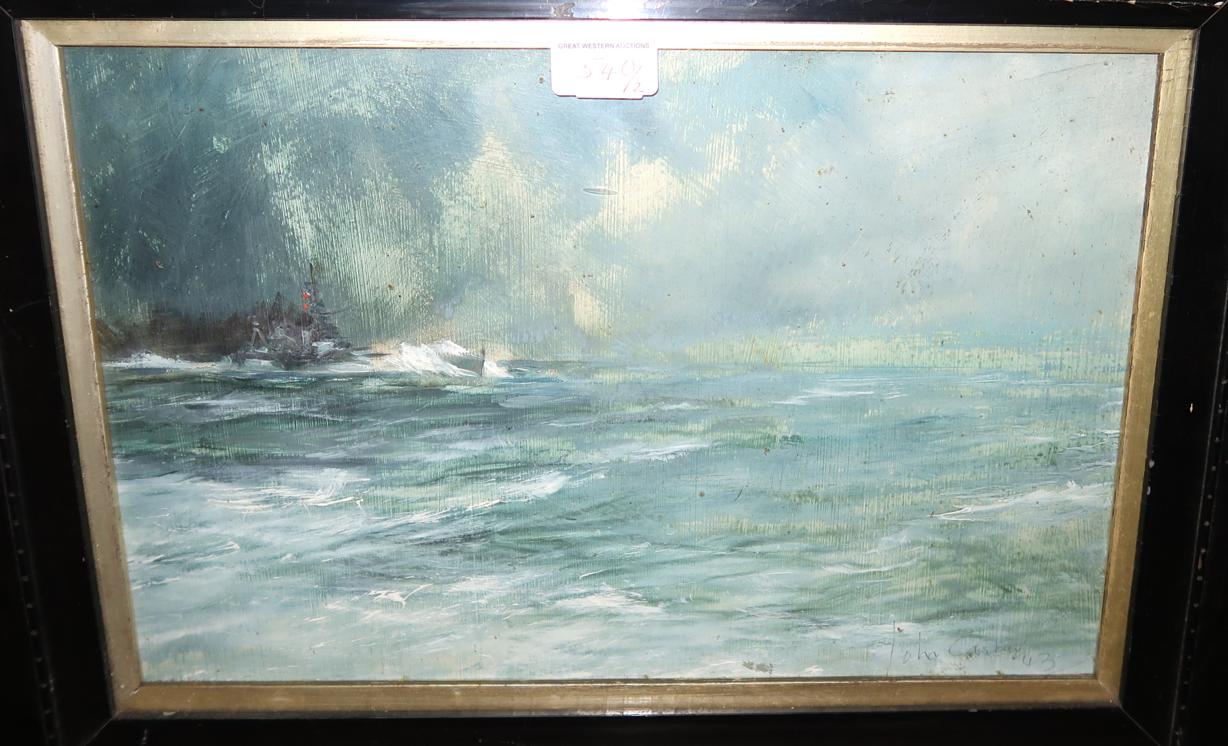 KIRKLAND MAIN Sailing boats at a jetty, signed, watercolour, 32 x 40cm and JOHN CASTER Naval warship - Image 2 of 2