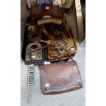 A brass mounted book slide, an Edwardian mantle clock, crumb trays and brushes and other items